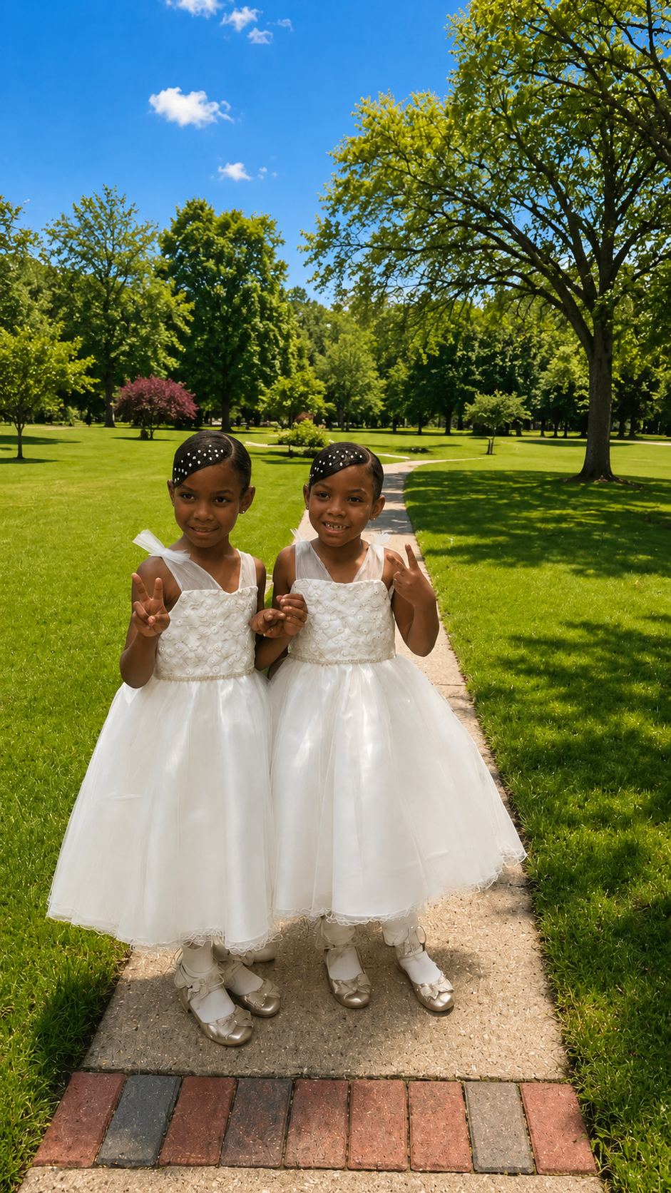 McKenzie Berkley with her twin sister Michaela in matching white dresses